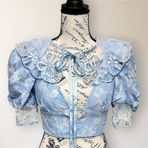 For Love & Lemons Uma Lace Crop Top S Blue Embroidered Puff Sleeve NWT Fairycore - Image 3