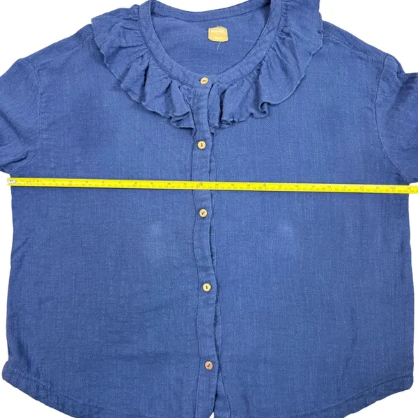 Free People Ruffled Neck Button‎ Front Cotton Shirt Blue Size L G - Image 7