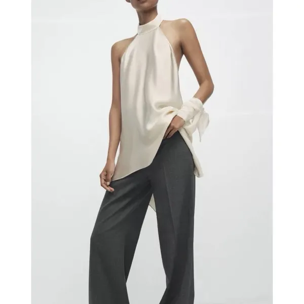 Zara Woman ZW Collection Halter Open Back Top Festival Flowy Satin Ivory - Image 8