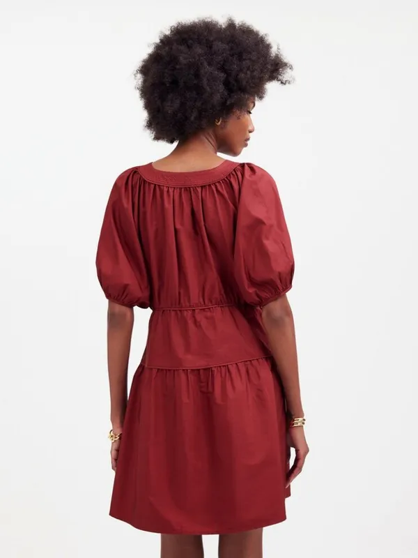 NWT Madewell Size Small Burgundy Puff-Sleeve Tiered Mini Dress in Poplin NEW - Image 4