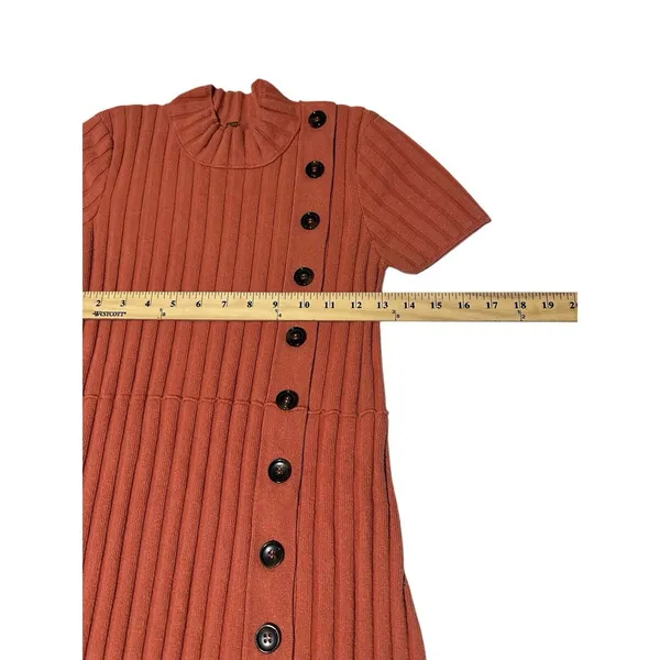 FREE PEOPLE Lottie Coral‎ Ribbed Small Button Front Mock Neck Sweater Dress M7-3 - Image 5