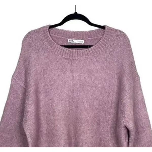 ZARA Oversized Ribbed Hem Long Sleeve Round Neck Pullover Sweater M Purple - Image 3
