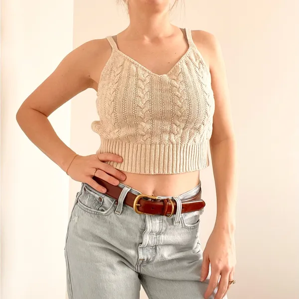 American Eagle Cream Cable Knit Sweater Crop Top - Image 3