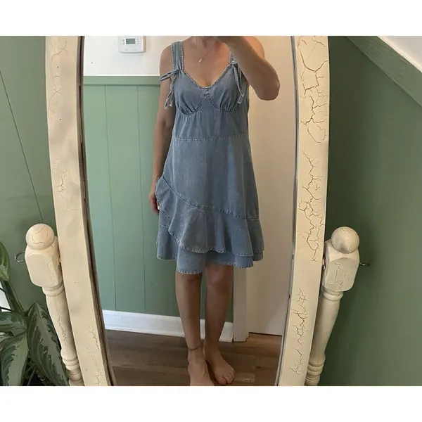 Denim Blue Sleeveless Mini Dress With Ruffle Hem and Tie Straps - Image 7