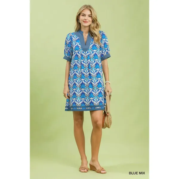 Umgee Mix Tile Print Mini Dress - Blue Mix - Medium - Image 5