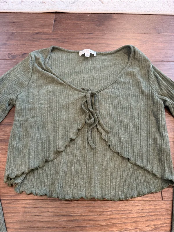 Gaze Knit Crop Cardigan Sweater Open Front Tie Women in Green XS - C33-059 - Image 3