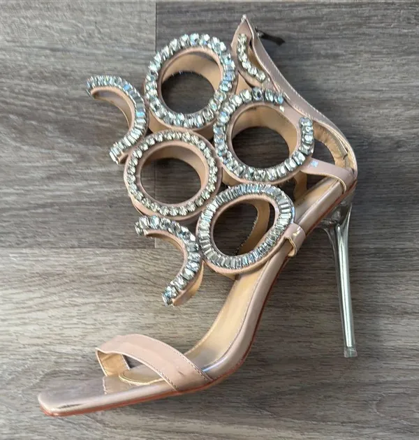 Azelia Wang Tan Stiletto Sandals 9 Nude Embellished PUT A RING ON IT Sexy Heels - Image 7