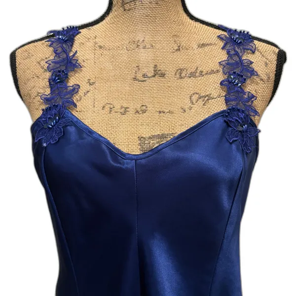 Vintage 90s Royal Blue Mini Slip Dress Floral Strap Satin Sexy Date Night Medium - Image 2