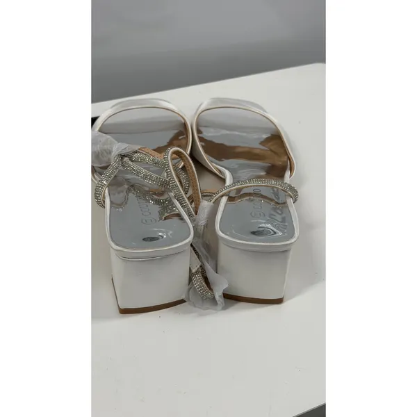 Coutigo White Satin Block Heel Sandals Rhinestone Bow Ankle Strap Size 11 - Image 6