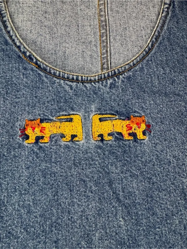 WWF Womens Rare Vintage Denim Overall Dress India Cat Embroidery Plus Size 1x - Image 6