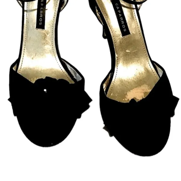 Caparros Black Satin Gold Beaded Rose Ankle Strap Heels 6.5 - Image 3