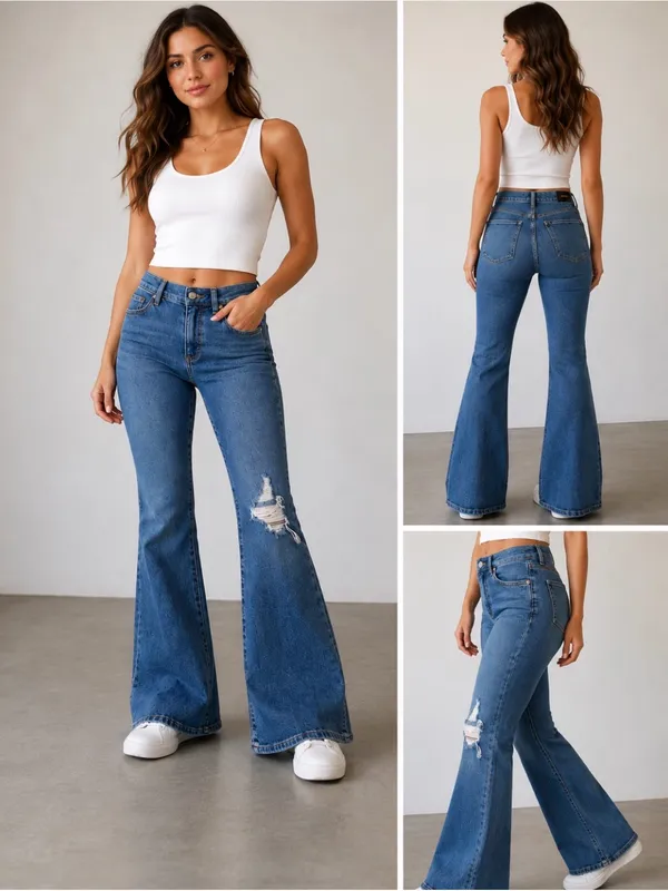 Express Blue High-Rise Flare Jeans with Distressed Knee - Image 2
