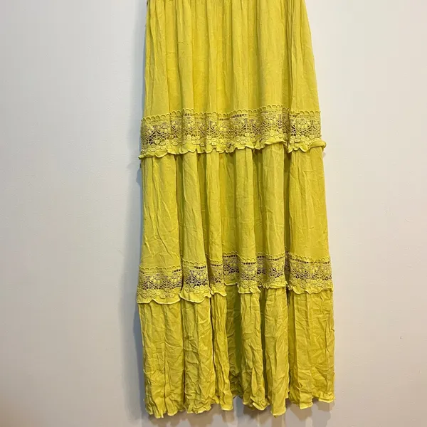 Boho Maxi Dress‎ Yellow Sleeveless V Neck Crochet Lace Tiered Flowy Small - Image 4