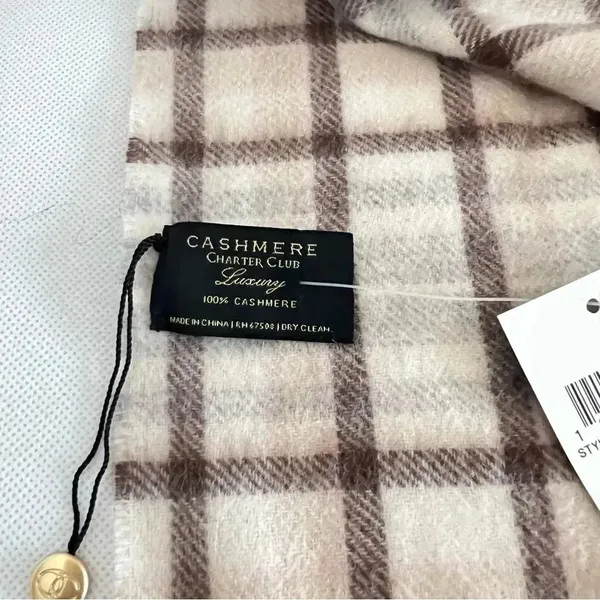 Charter Club Luxury Cashmere Plaid Scarf Ivory Neutral 2-Ply Lightweight Unisex - Image 4