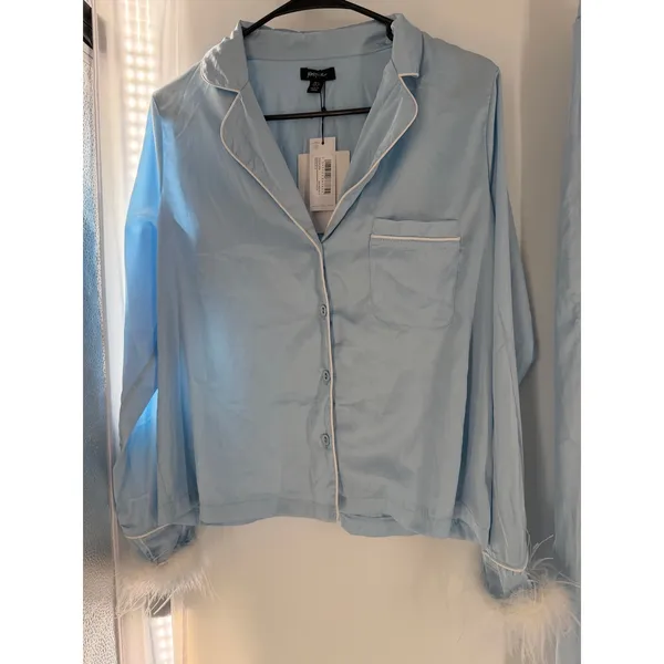Nasty Gal Something Blue Bridal Pajama Set US 4 Baby Blue Feather Trim NWT - Image 2