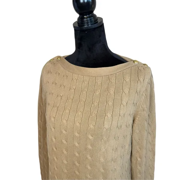 Lauren Ralph Lauren Camel Cable Knit Sweater Gold Buttons XL Boat Neck Old Money - Image 3