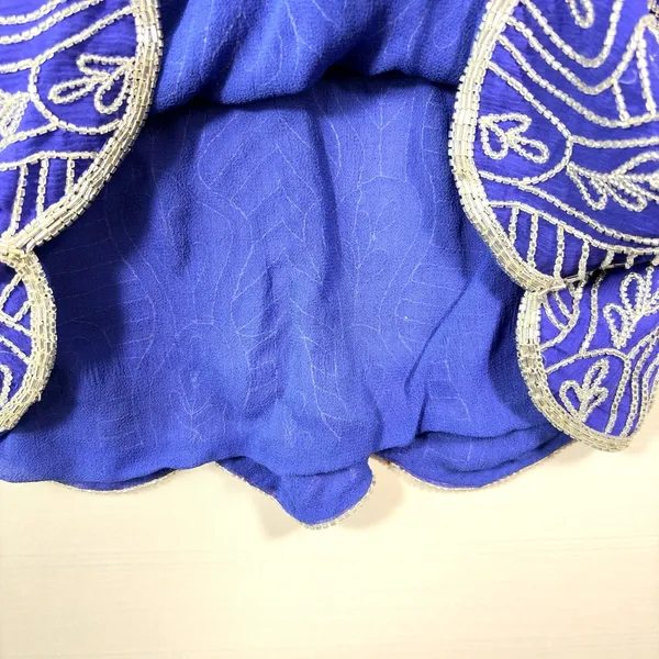 Vintage Royal Blue‎ Silk Beaded Blouse Silver Bugle Bead Scalloped Hem Top Small - Image 10
