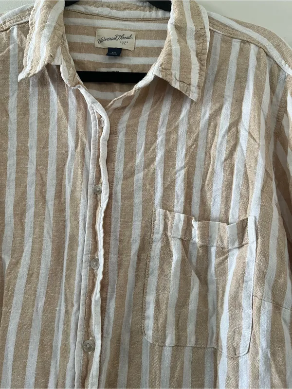 Universal Threads Linen Blend Tan White Striped Button Down Shirt XXL Coastal - Image 3