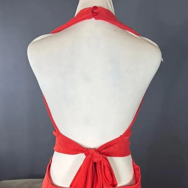 Women’s Red Deep V-Neck Halter Jumpsuit Ring Accent Wide Leg BodyCon Size L NEW - Image 6
