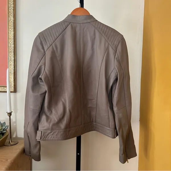Cole Haan 100% Genuine Lambskin Leather Moto Jacket Lined‎ Biker Taupe Size M - Image 11