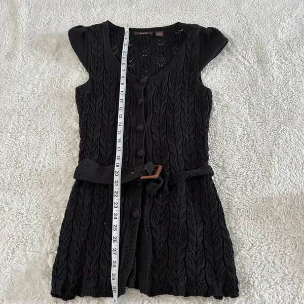 Heather B Black Knit M Crochet Long Cardigan Boho Fairy Goth Whimsigoth Cotton - Image 4