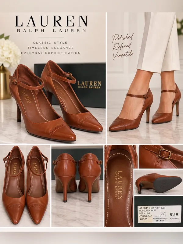 Lauren Ralph Lauren Belinda Cognac Brown Leather Mary Jane Heels Size 8.5 B - Image 8