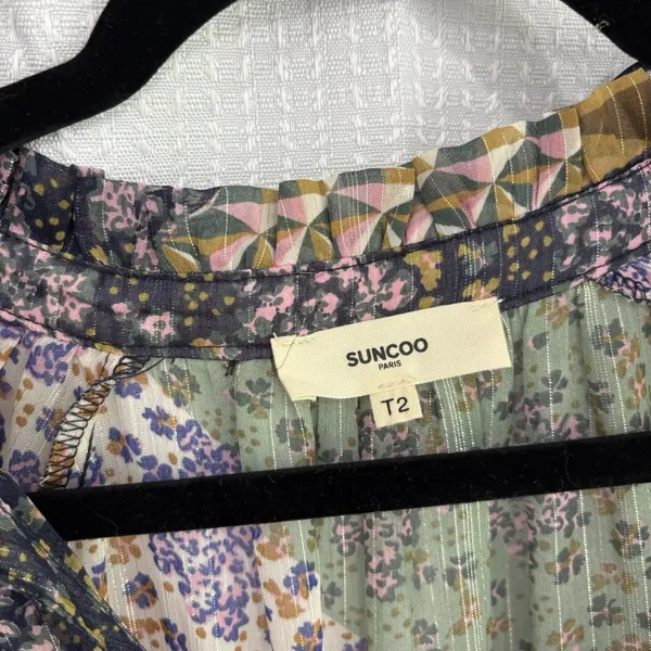 Suncoo Paris Dress Size Medium T2 Mini Sheer Patchwork Geometric Long Sleeve Purple - Image 5
