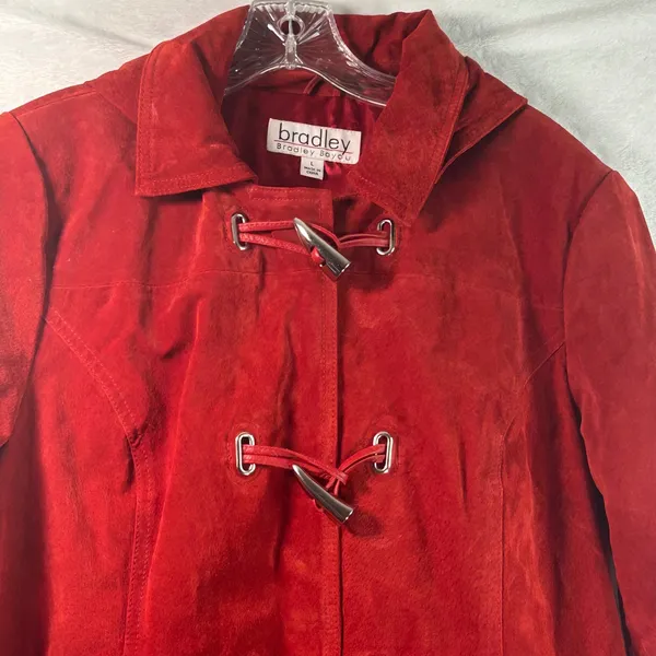 Bradley Bayou Red Suede Leather Toggle Hooded Coat Jacket Large L Silver Toggles - Image 13