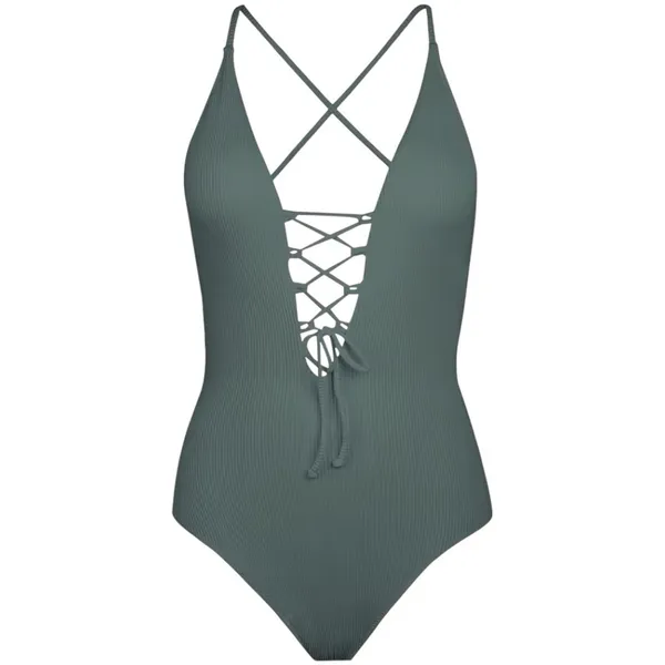 NEW Cupshe Ribbed Sage Green V-Neck Lacey Vacation One‎ Piece Swimsuit Size S - Image 2