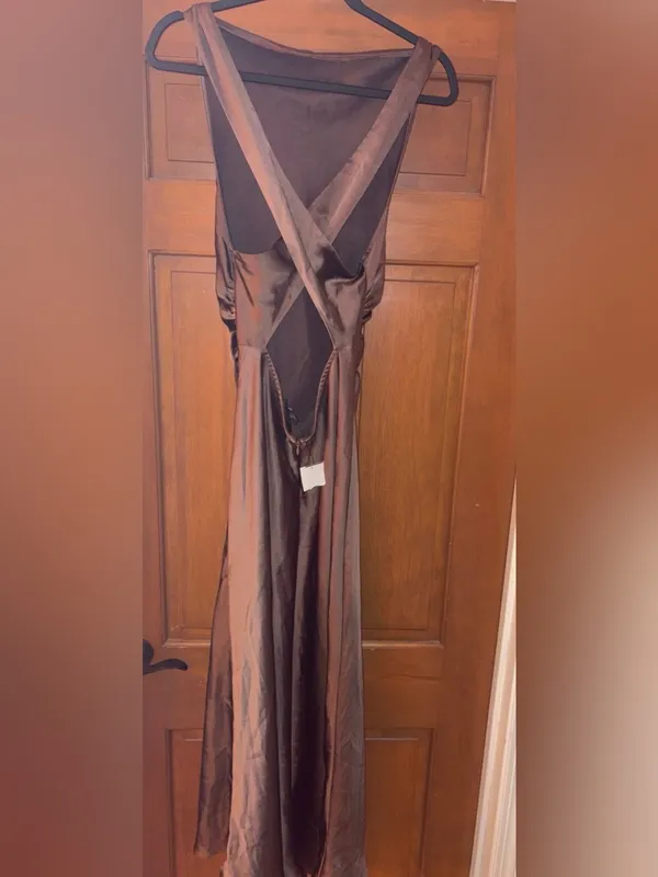 House of Harlow Brown Satin Cowl Criss Cross Back Maxi Dress XL New - Image 6