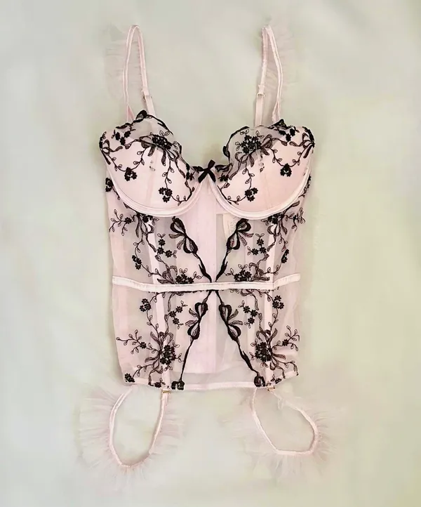Victoria's Secret Baby pink coquette ballerina corset top with black floral and bow embroidery and ruffle details - Image 5