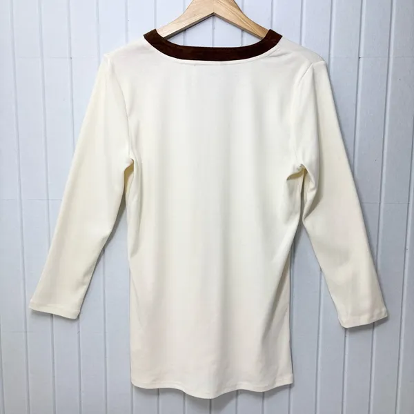 Ralph Lauren V neck Cream and Brown Cotton Long‎ Sleeve Top Size L - Image 6