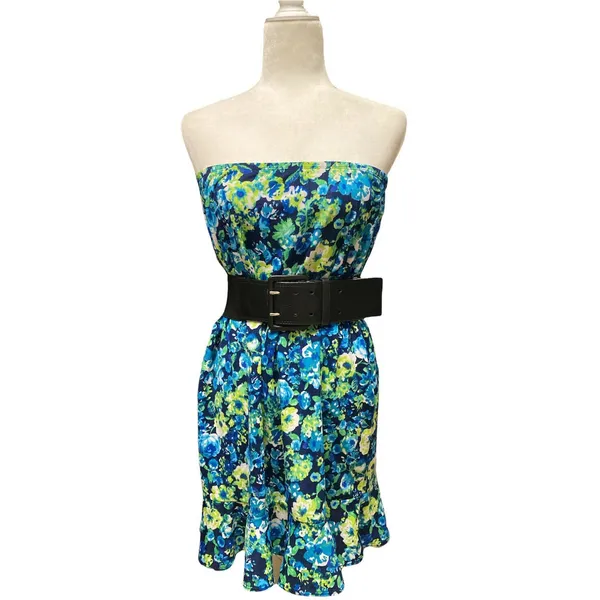 Vtg 90s size L Floral blue green white stretchy ruffle hem skirt feminine retro - Image 3