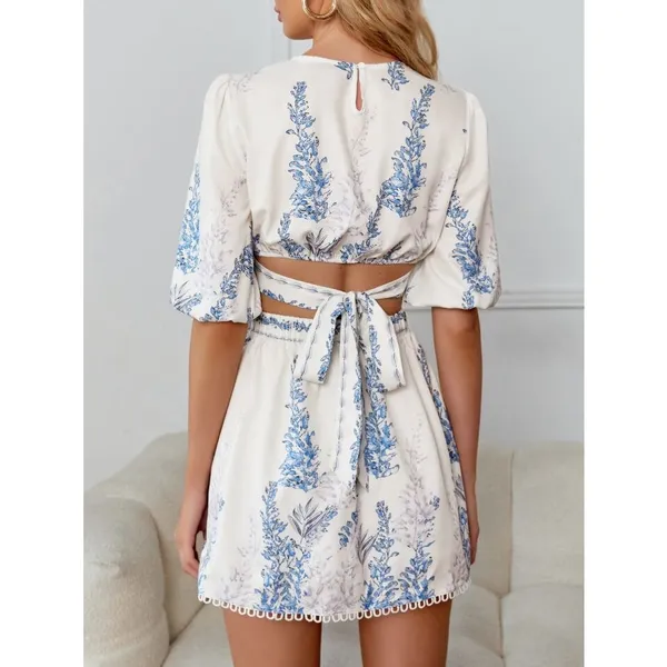 Shein White Plants Print Cut Out Tie Back Lantern Sleeve Boho A Line Dress Sz S - Image 2
