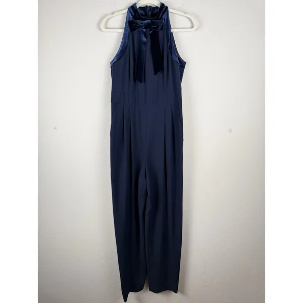 1901 Women's Velvet Trim Halter Jumpsuit with Bow Dark Blue‎ Size 8 Ultrachic - Image 6