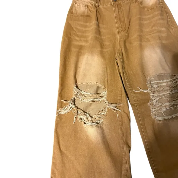 Brown Distressed Wide Leg Jeans XXL - Image 3