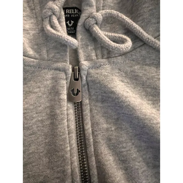 True Religion Grey Buddha Guitar Full Zip Hoodie Y2K Cropped 80% Cotton - Image 3