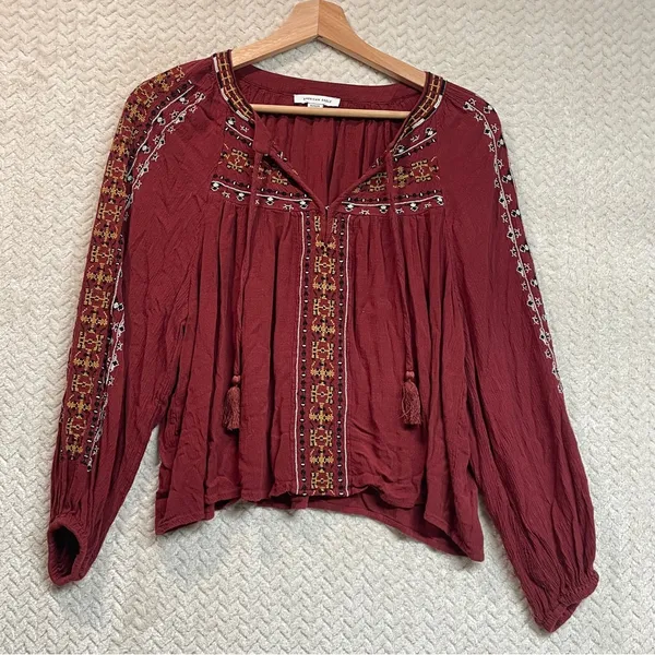 American Eagle Festival Bohemian Embroidered Peasant Flowy Hippie‎ Top Medium - Image 5