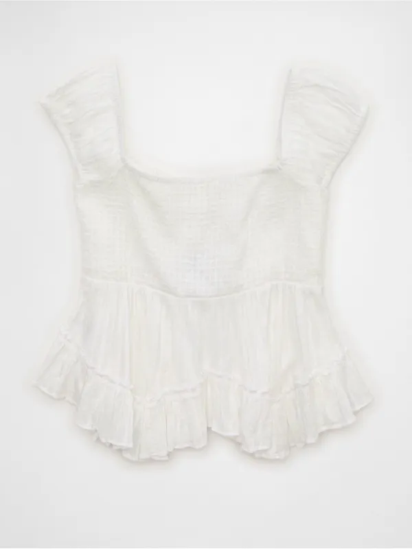 American Eagle Outfitters White Button-Front Ruffle Peplum Top - Image 2