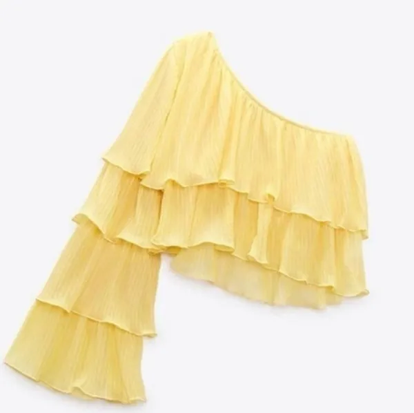 Zara One Sleeve Ruffle Butter Yellow Crop Top Blogger's Fave Size Medium NWT - Image 5