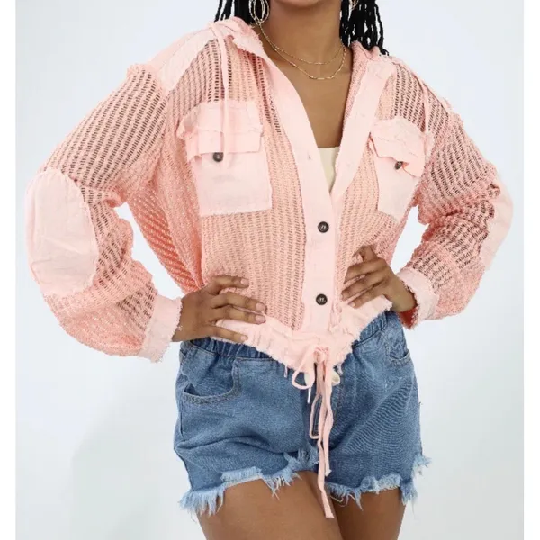 Open Knit Button Down Hooded Shirt Coral Pink‎ Mesh Drawstring Top XL - Image 2