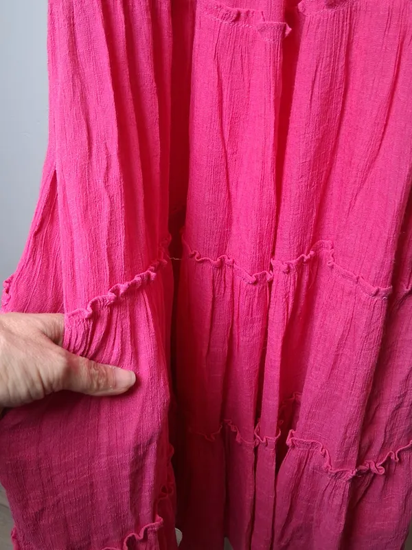 &merci Hot Pink Tiered Midi Dress w/ Short Sleeves Pockets Lined Women's Size L - Image 15