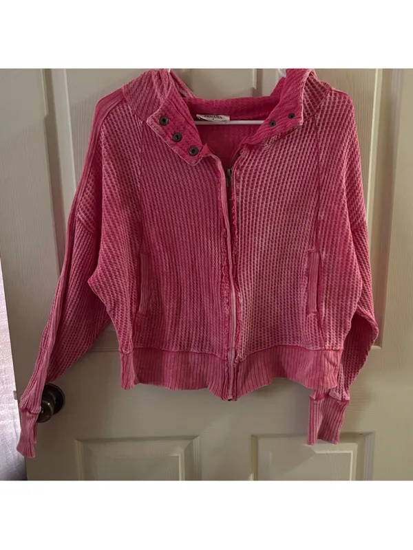 Zenana Acid Wash Cotton Waffle Hooded Zip-Up Jacket bright pink S - Image 8