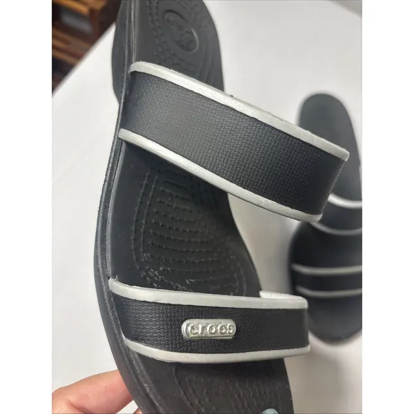 Crocs Womens W7 Black Gray Double Strap Wedge Slide Comfort Sandals Shoes - Image 2