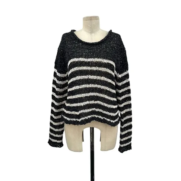 T by Alexander Wang‎ Sweater Knit Top Cropped Striped Crewneck Gray Size Medium - Image 3
