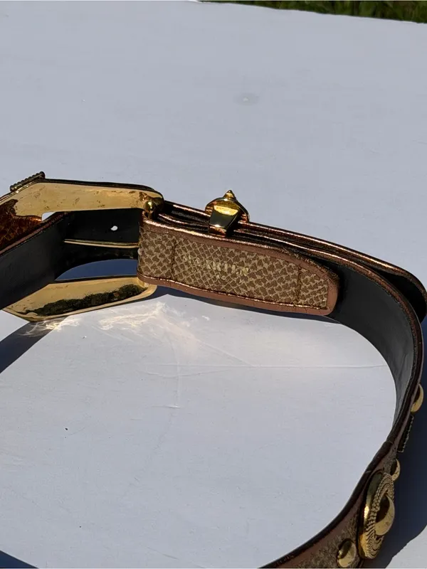 Vintage Western Snakeskin Print Studded Belt Bronze Gold Boho Size M - Image 6