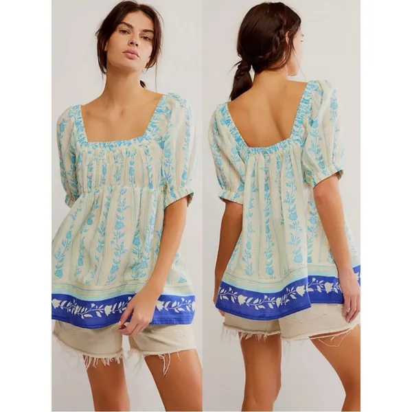 Free People Bohemian 70s Block Print Santorini Printed Babydoll Tunic Size Large - Image 2