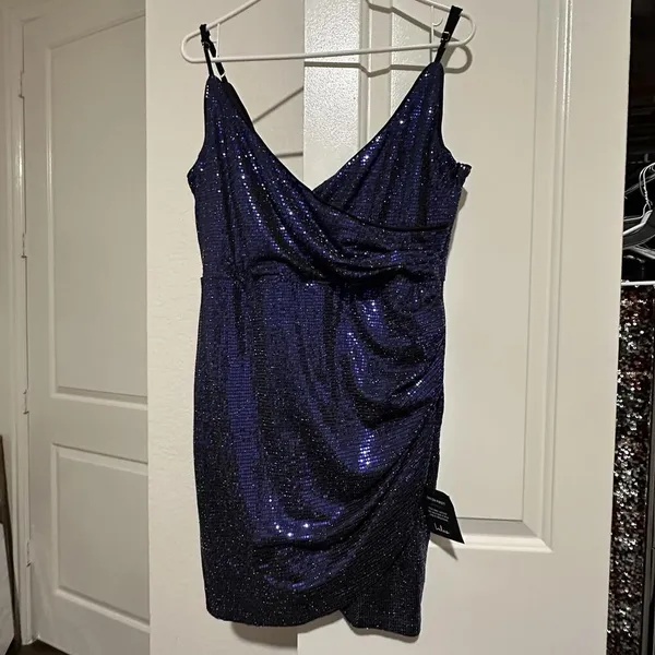 Lulus Women’s Shiny Purplish Blue Party Dress Sz XL Gathered Side - Image 14