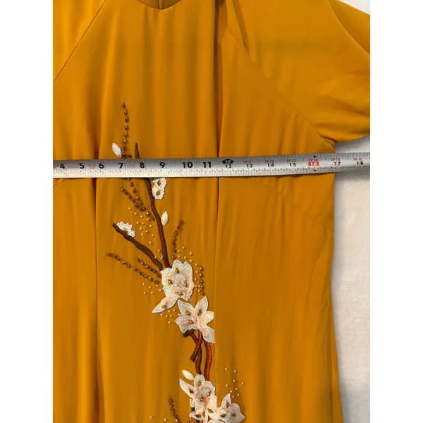 Vietnamese Ao Dai Tunic Mustard Yellow Floral Embroidered Beaded Gown Dress S/M - Image 6