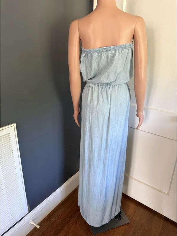 Light Blue Chambray Strapless Maxi Dress with Elastic Waist - Image 2